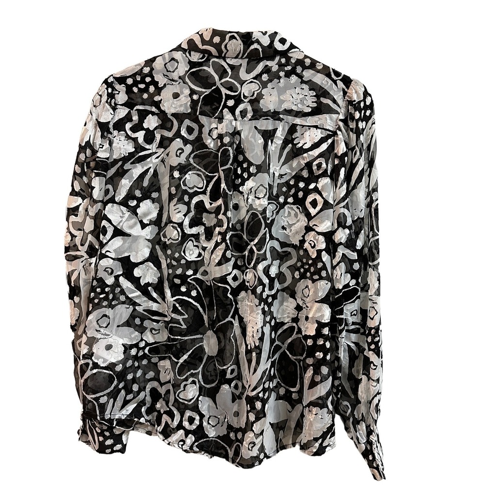 Gorman Black White Floral Burnout Devore Sheer Button Down Shirt Womens 10 - Picture 3 of 6